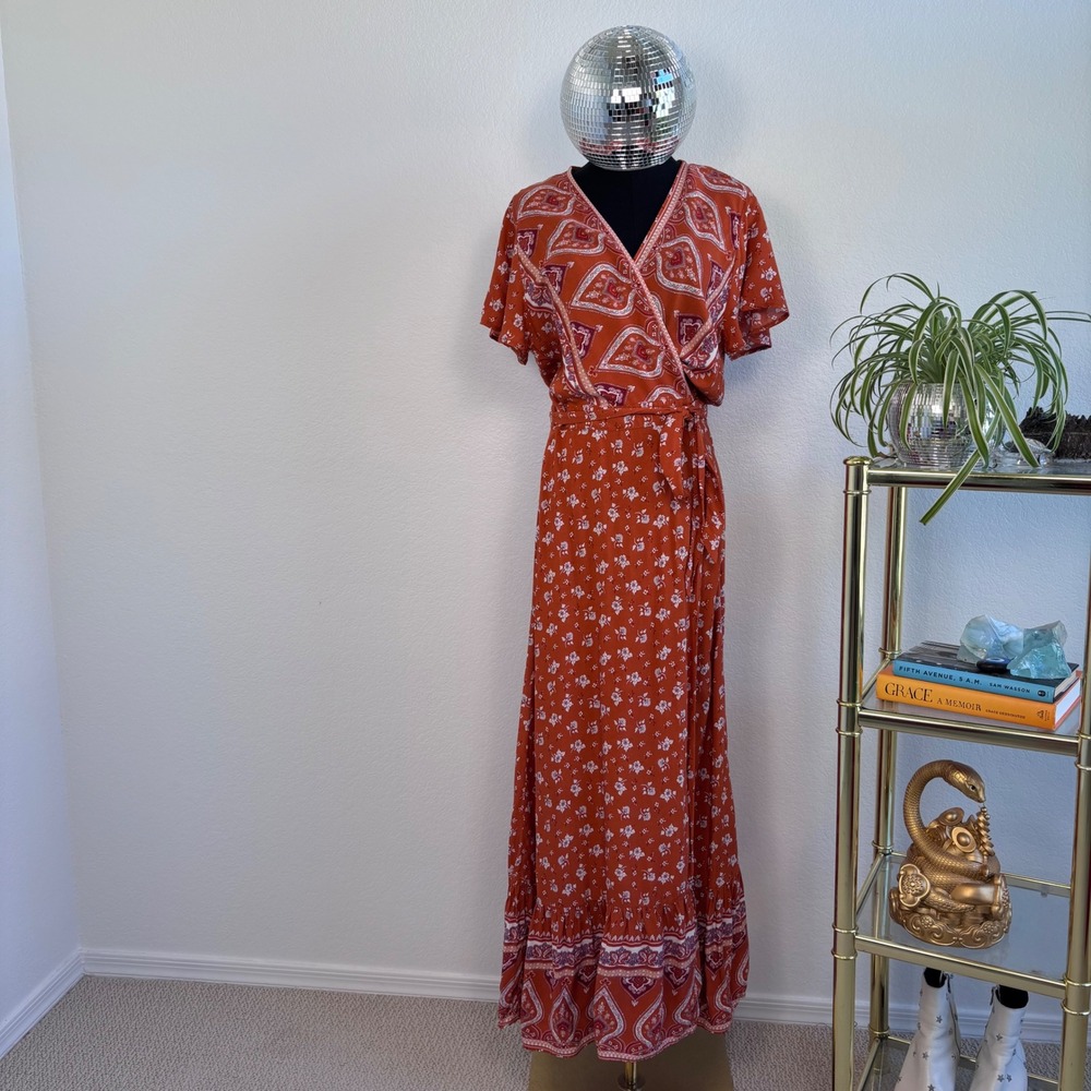 Bohemian‎ Floral Wrap Maxi Dress, Size Large Rust Orange Paisley Hippie Prairie - Picture 2 of 16
